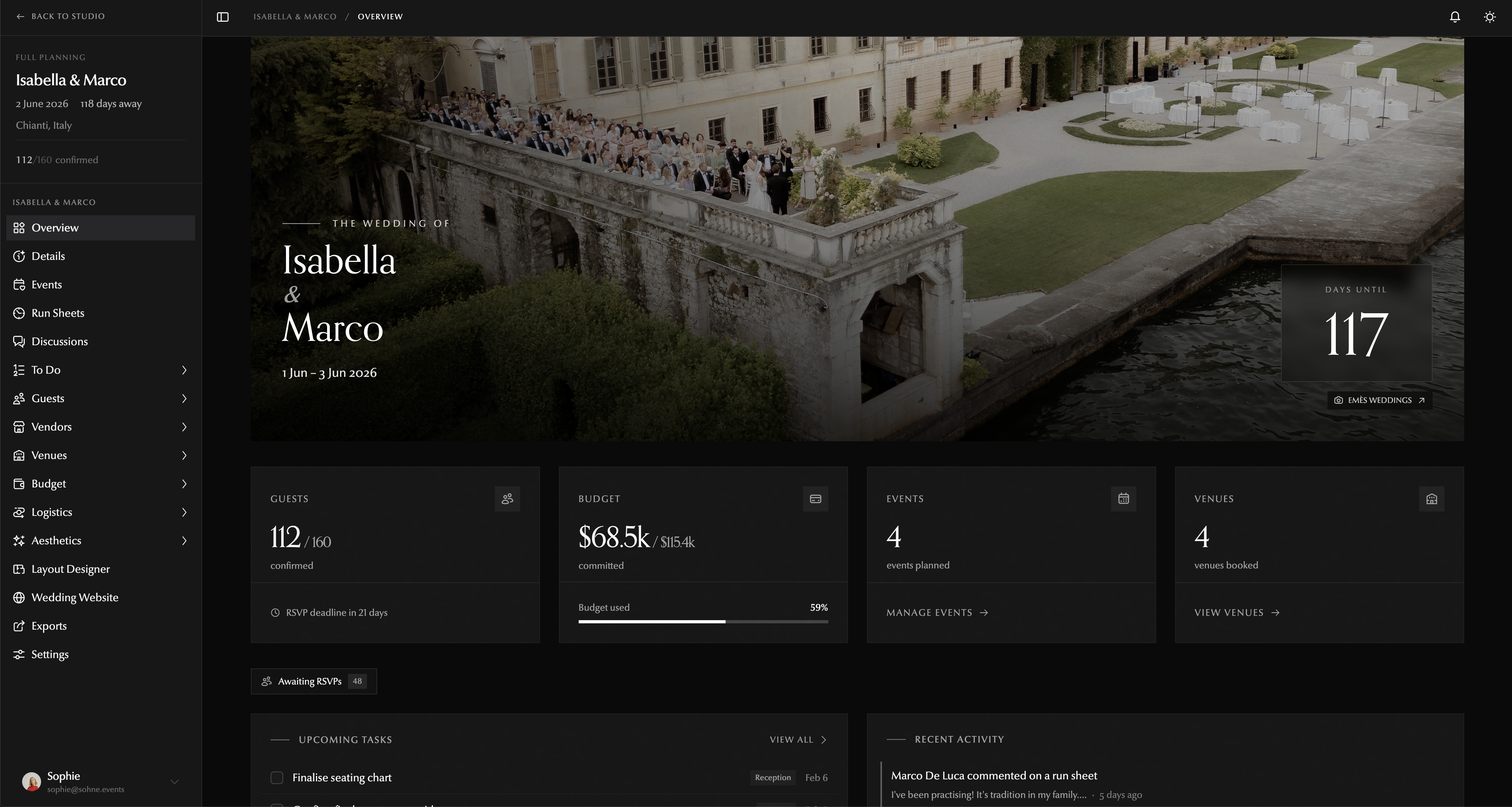 Wed Concierge Wedding Dashboard - Individual wedding overview with countdown, budget tracking, events, and venues