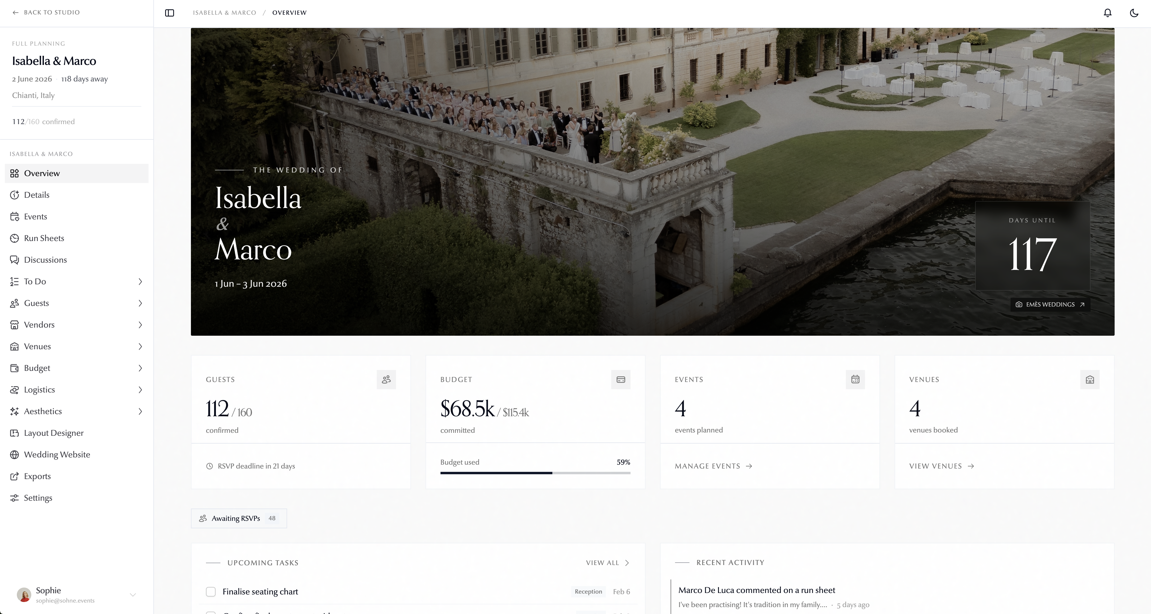 Wed Concierge Wedding Dashboard - Individual wedding overview with countdown, budget tracking, events, and venues